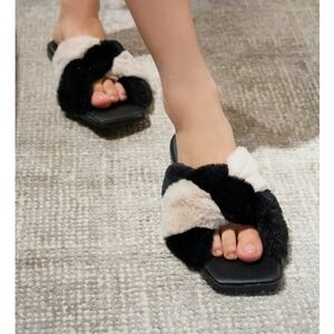 VHNY Plush Black and Cream Slippers with Criss-Cross Design